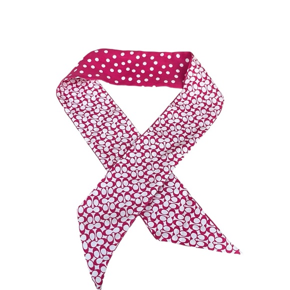 Coach Pink 100% Silk Twilly Small Scarf Accessory Polka Dot CC Design EUC - Picture 4 of 6